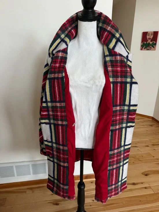 Desigual Red, Cream & Navy Plaid Double-Breasted Pea Coat - Picture 10 of 12